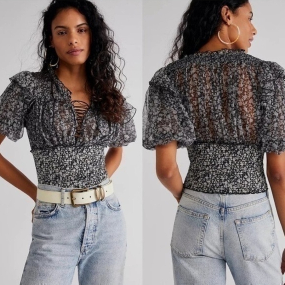 Free People Black Floral Sheer Blouse - Picture 2 of 9